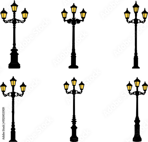 Vintage Street Lamp Post Vector Set with Glowing Yellow Lanterns for City Landscape and Outdoor Decor