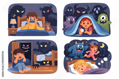 Cartoon Fear and Bad Dream Set – Children Afraid of Monsters Flat Vector Illustration
