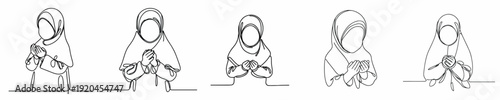 half body line art of a little Muslim girl standing in prayer gesture front view