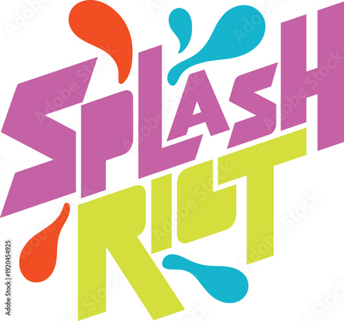 Dynamic splash riot text design with colorful liquid elements and bold letters
