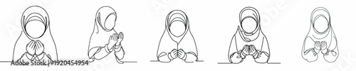 half body line art of a little Muslim girl standing in prayer gesture front view