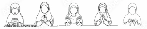 half body line art of a little Muslim girl standing in prayer gesture front view