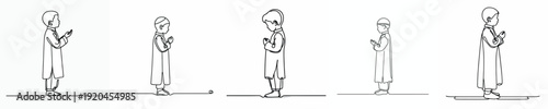 line art of a little Muslim boy standing in prayer gesture side view