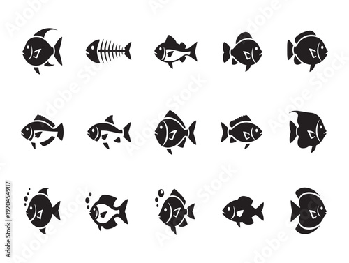 Collection of various fish silhouettes in different orientations and styles