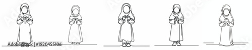 line art of a little Muslim girl standing in prayer gesture front view