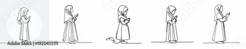 line art of a little Muslim girl standing in prayer gesture side view