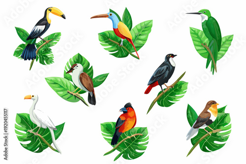 Colorful tropical birds perched amongst lush green foliage illustration
