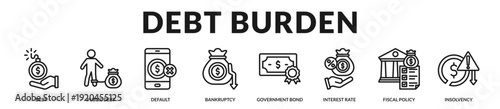 Debt burden framework illustrating fiscal exposure, default risk, and structural financial vulnerability. in Lineal Icon Style