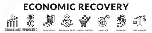 Economic recovery set highlighting investment momentum, renewed confidence, and sustainable macroeconomic stabilization. in Lineal Icon Style