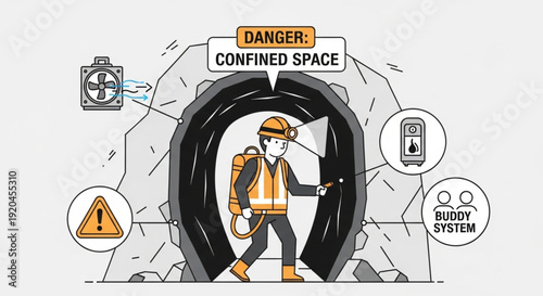 Industrial Tunnel Safety Procedure Vector with Ventilation System and Buddy Rescue Protocol