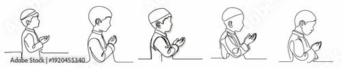 half body line art of a little Muslim boy standing in prayer gesture side view