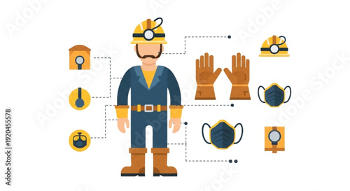 Mining or Construction Worker in Protective Uniform with Hard Hat Face Mask Gloves and Boots Flat Design Vector for Safety Training Materials