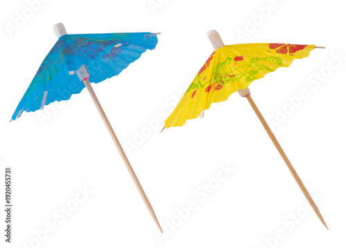 Cocktail Umbrella on Stick isolated on white background. Blue yellow color umbrellas.