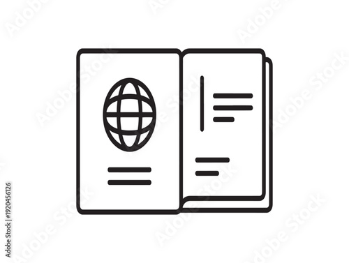 A simple line drawing of an open passport with a globe on the cover