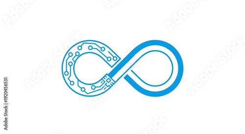 Blue infinity symbol with gear elements on white background.