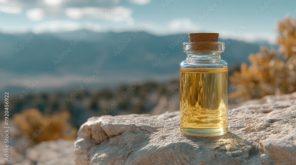 Obraz premium Small glass bottle with cork, filled with yellow liquid, sits on a rock, with mountain background