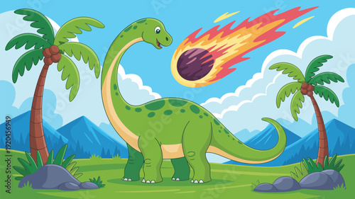 Cute dinosaur in prehistoric landscape with falling meteor colorful cartoon vector illustration fantasy jurassic scene