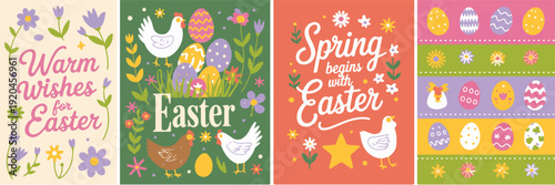 Easter and Spring Themed Illustrations with Chickens Eggs and Flowers Keywords: Easter, spring, chickens, eggs, flowers, warm
