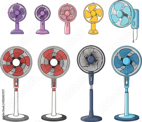 Electric fan vector collection featuring pedestal fans, desk fans, and wall mounted cooling appliances for home comfort, summer ventilation, and climate control.