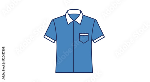 Simple blue short-sleeved shirt with white collar and pocket.