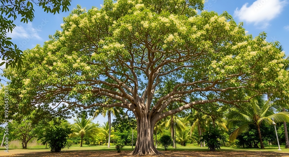 Fototapeta premium Large, ancient tree with white blossoms stands in a tropical garden.