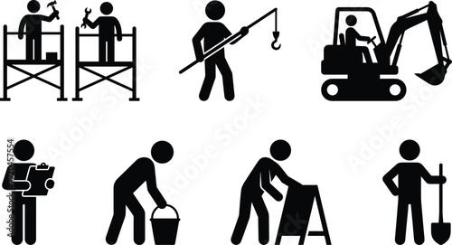 Construction Workers Silhouette Icons Set with Contractor, Excavator, Builder on Scaffolding, Engineer with Clipboard, and Manual Laborer Tools Vector Illustration