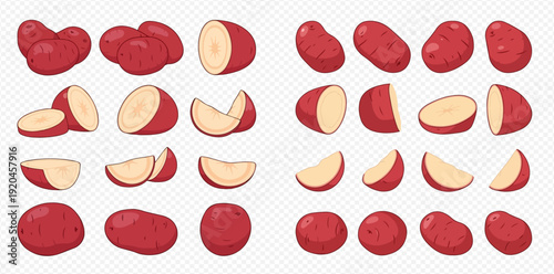 Red potatoes in various forms, including whole, halved, and sliced, on a transparent background.