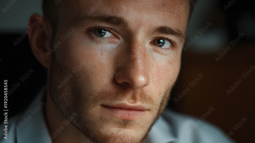 Obraz premium Intimate close up portrait of a man with striking heterochromia and dramatic lighting