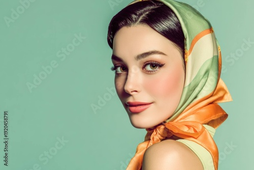 Portrait of beautiful woman with green eyes wearing colorful silk scarf on head posing against green background with soft makeup and elegant expression.