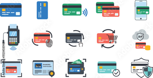 Digital Payment and Credit Card Security Flat Vector Icons Set Featuring Contactless Transactions, POS Terminal, Mobile Banking and Data Protection
