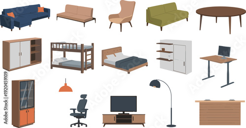 Modern Home and Office Furniture Flat Vector Icons Set Featuring Sofa, Bed, Bunk Bed, Desk, Wardrobe, Cabinet and Interior Decor