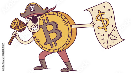 Bitcoin as a pirate, with an eye patch and a digital treasure map.