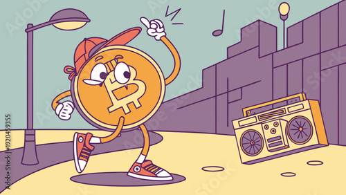 Bitcoin dancing to funk music, wearing sneakers and a baseball cap, in an urban setting.