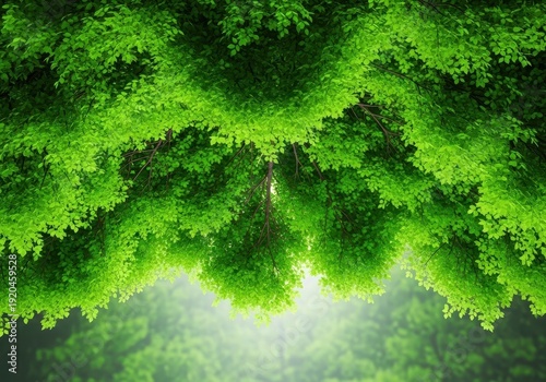 Dense, lush green foliage forms a vibrant, protective overhead canopy high above the forest floor during peak growth season, forest, ecosystem, natural