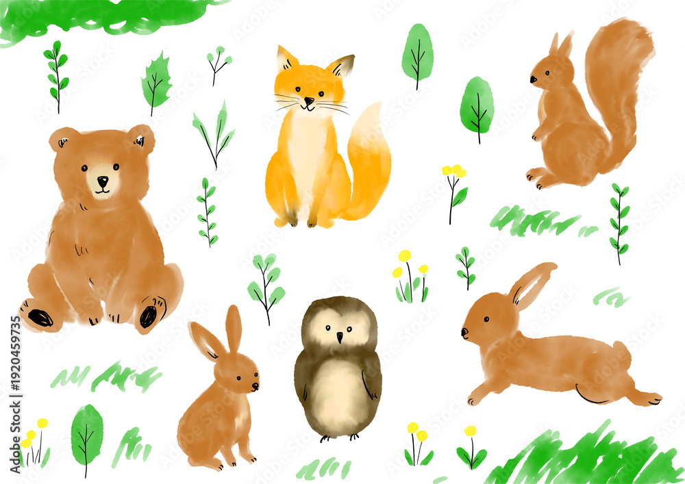 Naklejka premium Cute woodland animals watercolor set – hand drawn forest animal collection 