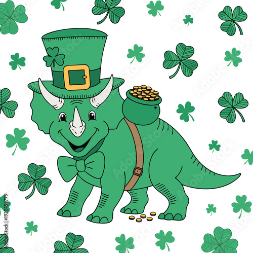 Happy green triceratops with top hat and shamrock for St. Patrick's Day celebration