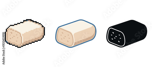 Three sausage icons: pixelated, outline, and filled styles