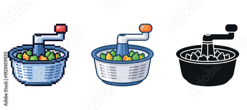 Pixel art salad spinner icons set in three styles and color variations
