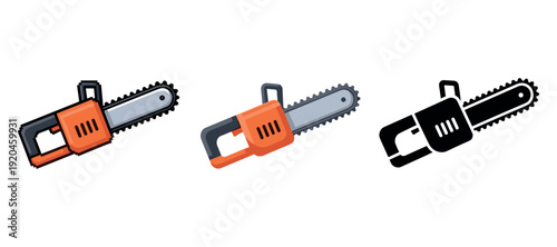 Set of three chainsaw icons: colorful and silhouette designs on white background