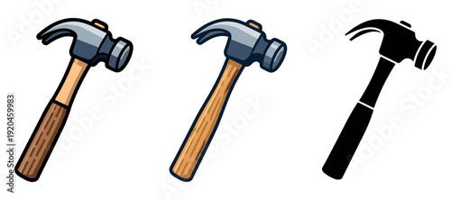 Three cartoon hammers in different styles with wooden handles on white background