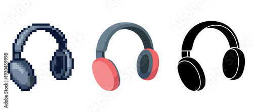 Evolution of headphone design: pixelated, modern, silhouette styles side by side