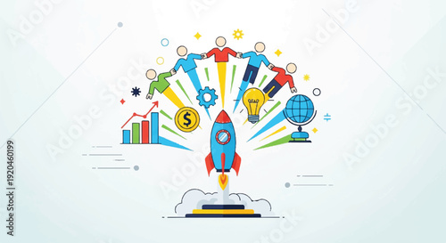 Innovative startup business launch with a rocket taking off, surrounded by diverse icons representing teamwork, finance, growth, and global success.