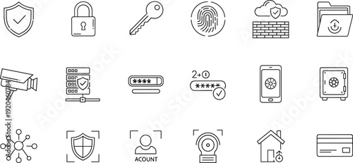 Security and Surveillance Line Icons Set Featuring Shield, Padlock, Fingerprint, CCTV Camera, Guard, Firewall and Protection Symbols