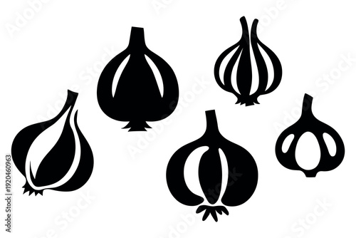 Fresh set of onion and garlic vegetable icons featuring healthy food illustrations in a flat vector design pattern