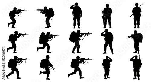 Silhouettes of Soldiers with Rifles in Various Poses