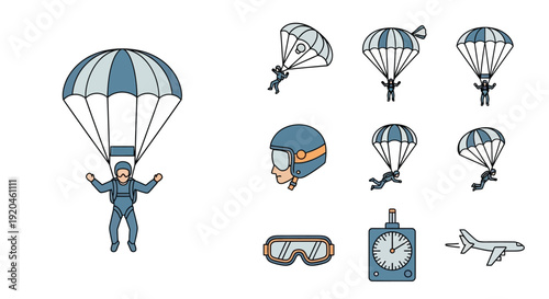Skydiving Icons Set: Parachute Jump and Equipment