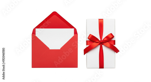 A red envelope and a white gift box with a red ribbon on transparent background