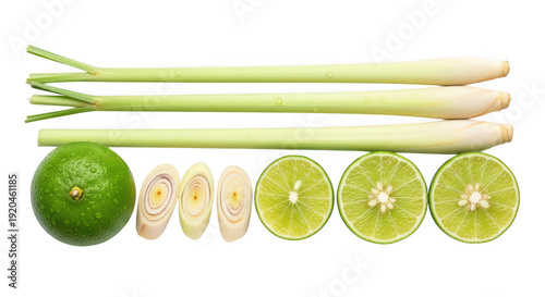 A green lime and slices of lime and lemongrass on a white background