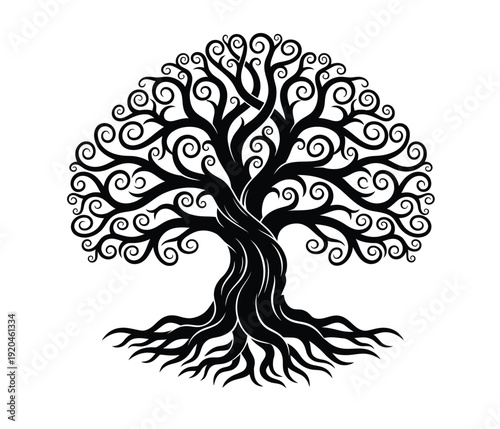 Intricate tree of life with swirling branches and roots