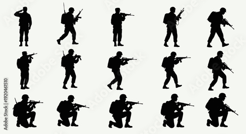 Soldiers silhouettes with rifles on white